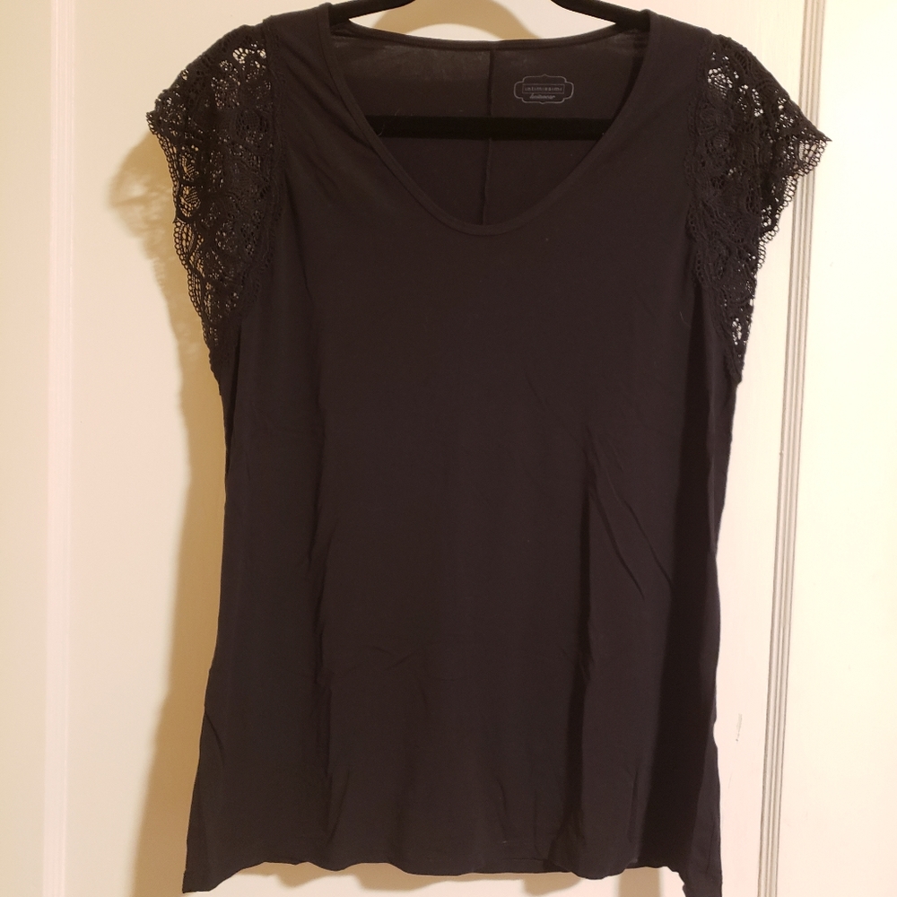 Black Soft T shirt with lace cap sleeve